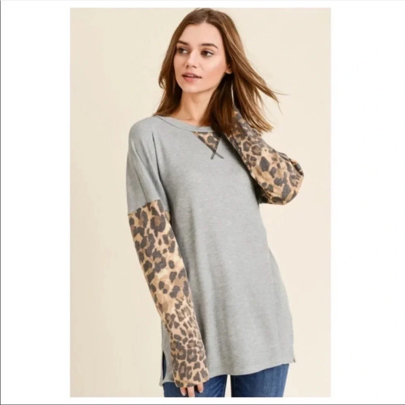 Gray Leopard Sleeve Long Sleeve Top - Picture 2 of 8